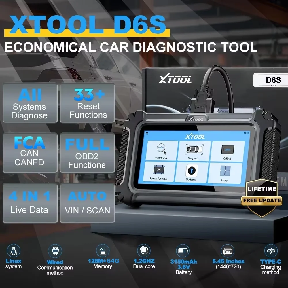 XTOOL D6S Car Diagnostic Tool All System OBD2 Automotive Scanner 4-IN-1 Live Data with 33+ Services Lifetime Free Update Built-in CANFD FCA