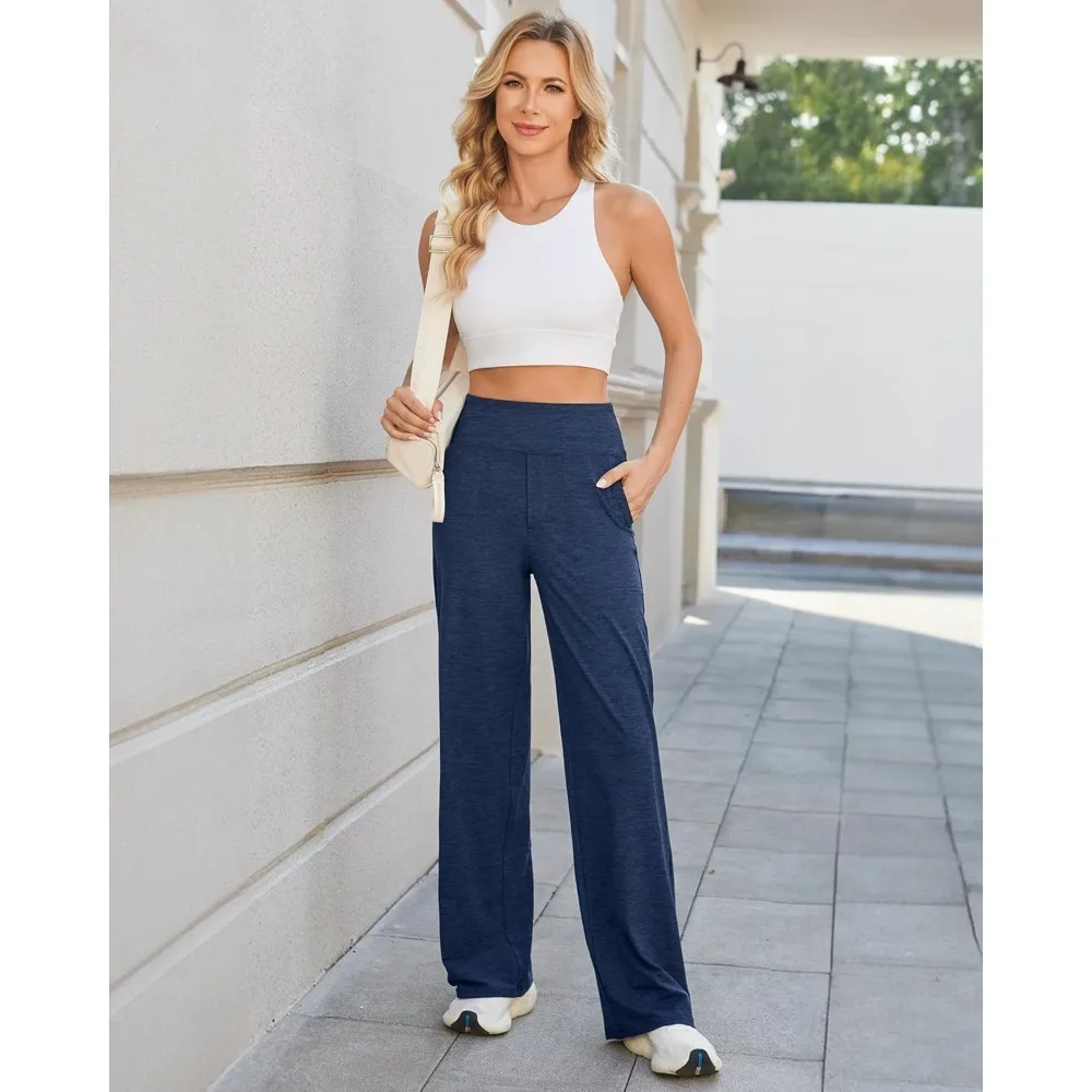 (Bule) سروال يوجا بنطال ذو قصة أرجل واسعة مع جيوب فستان عالي الخصر قابل للتمدد بنطال رياضي كاجوال صغير/عادي