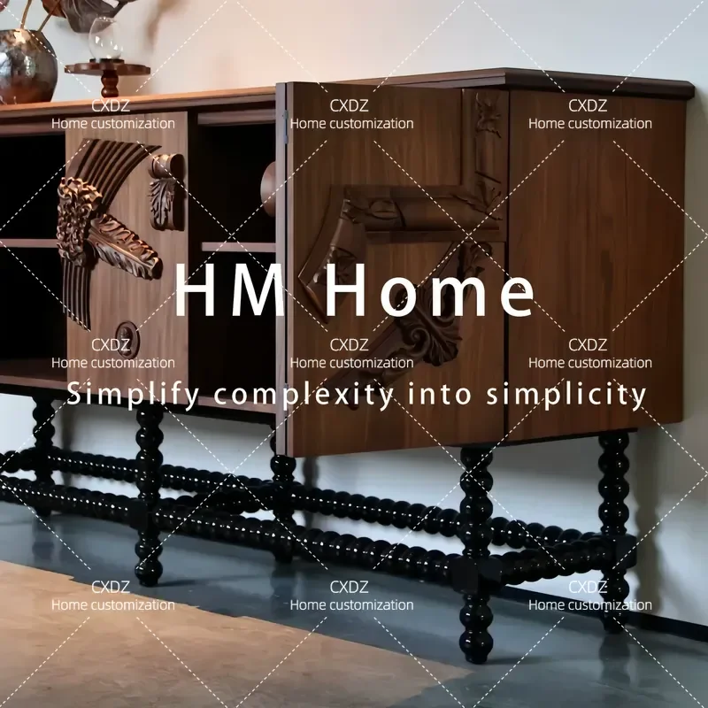 Medieval Solid Wood Dining Side Cabinet Carved Retro Style Porch Cabinet Living Room Home Light Luxury Solid Wood Sideboard