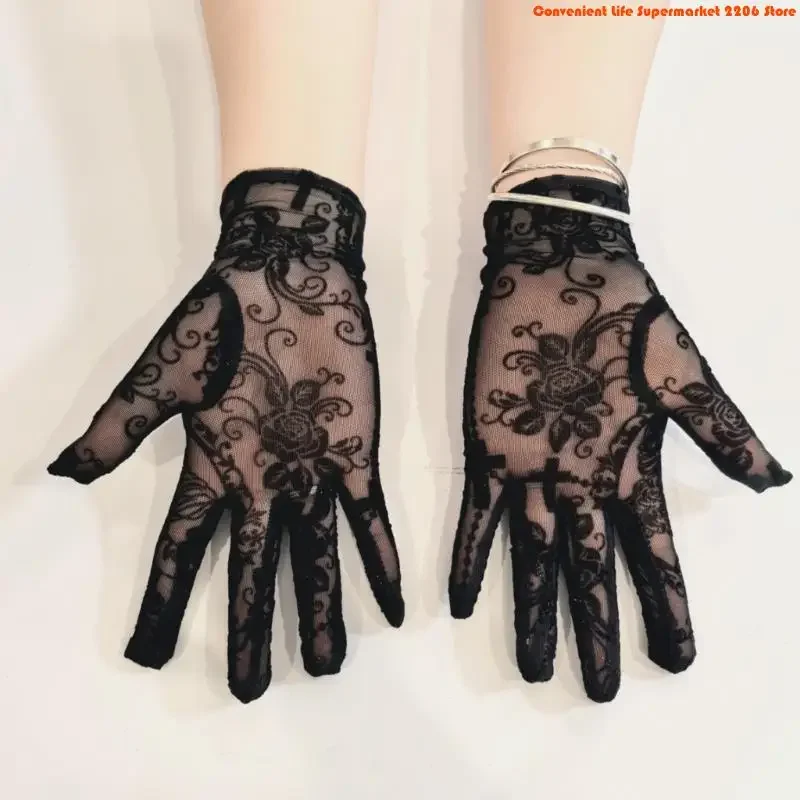 F92D Gothic Mesh Gloves Elastic Wrist Design for Halloween Cosplay Costume Accessories and Retro Themed Event