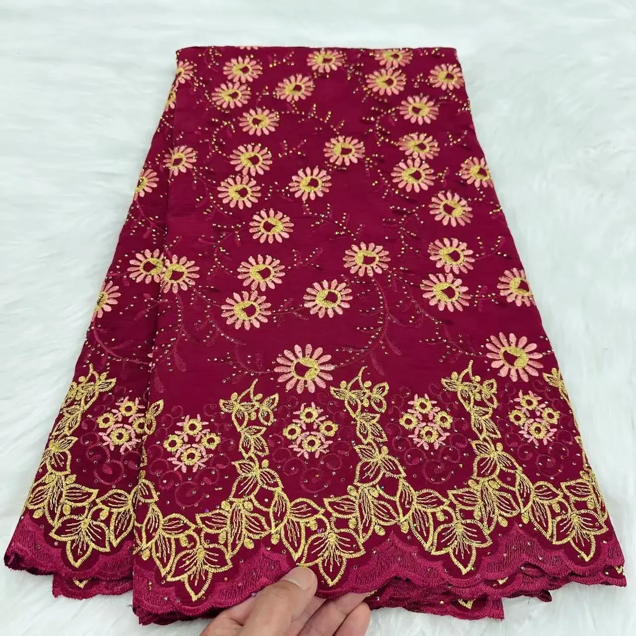 Wine Red African Swiss Retro Cotton Fabric Embroidered Design Luxurious Evening Dress Lace Sewing Clothing Materials 5 yards