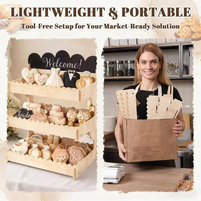Halloween Wooden 3-Tier Dessert Display Stand, Cupcake Holder with Blackboard, Tiered Cookie Storage Rack, Desktop Pastry