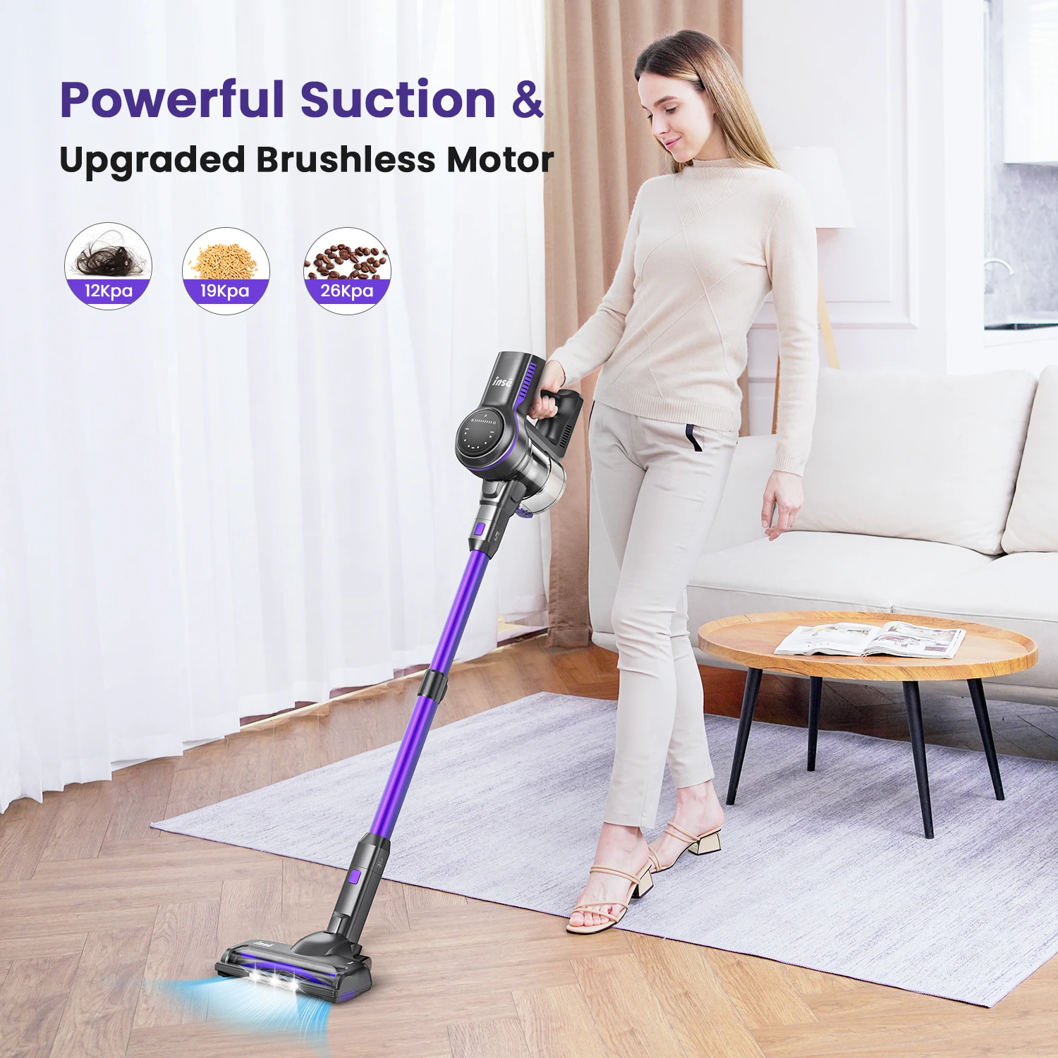 INSE S7P 26000Pa 265W Stick Cordless Vacuum Cleaner, up to 45mins Runtime, 6-in-1 Stick Vac for Hardwood Floor Pet Hair Home Car