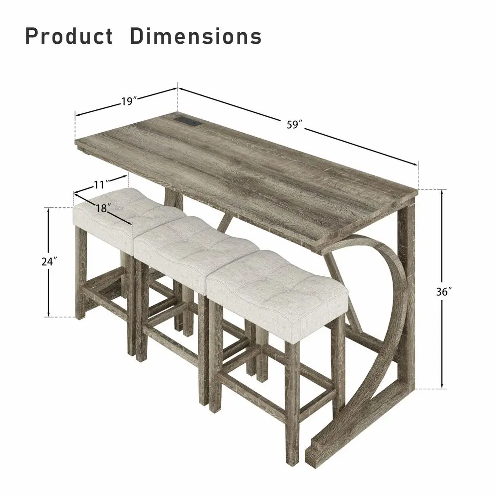 

4Piece Counter High Bar Table Set with Socket and 3 Fabric Padded Bar Stools, Tall Kitchen Breakfast Nook with Stool 13 Natural