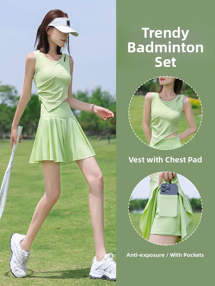 

Женский спортивный костюм для бадминтона: летний комплект из двух предметов (топ-жилет и юбка) для бега, йоги, тенниса, фитнеса, быстросохнущий, с круглым вырезом