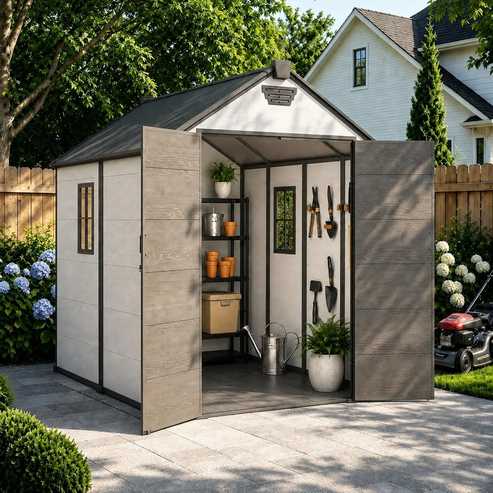 Resin Outdoor Storage Shed with Floor and Window, Light Gray | Plastic Storage Shed with Double-Wall Panels, Lockable Door for Bikes, Lawn Equipment, Pool Supplies and Patio Gear