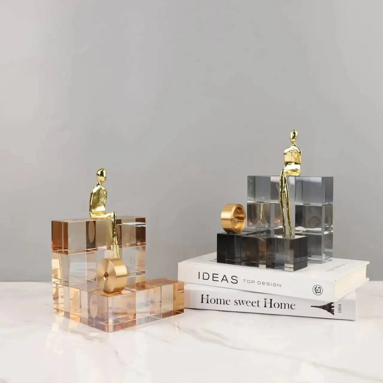Glass Craft Geometric Stair Crystal Ornament Metal Gold Art Sculpture Metal Decorative Figurines Home Decoration Accessories