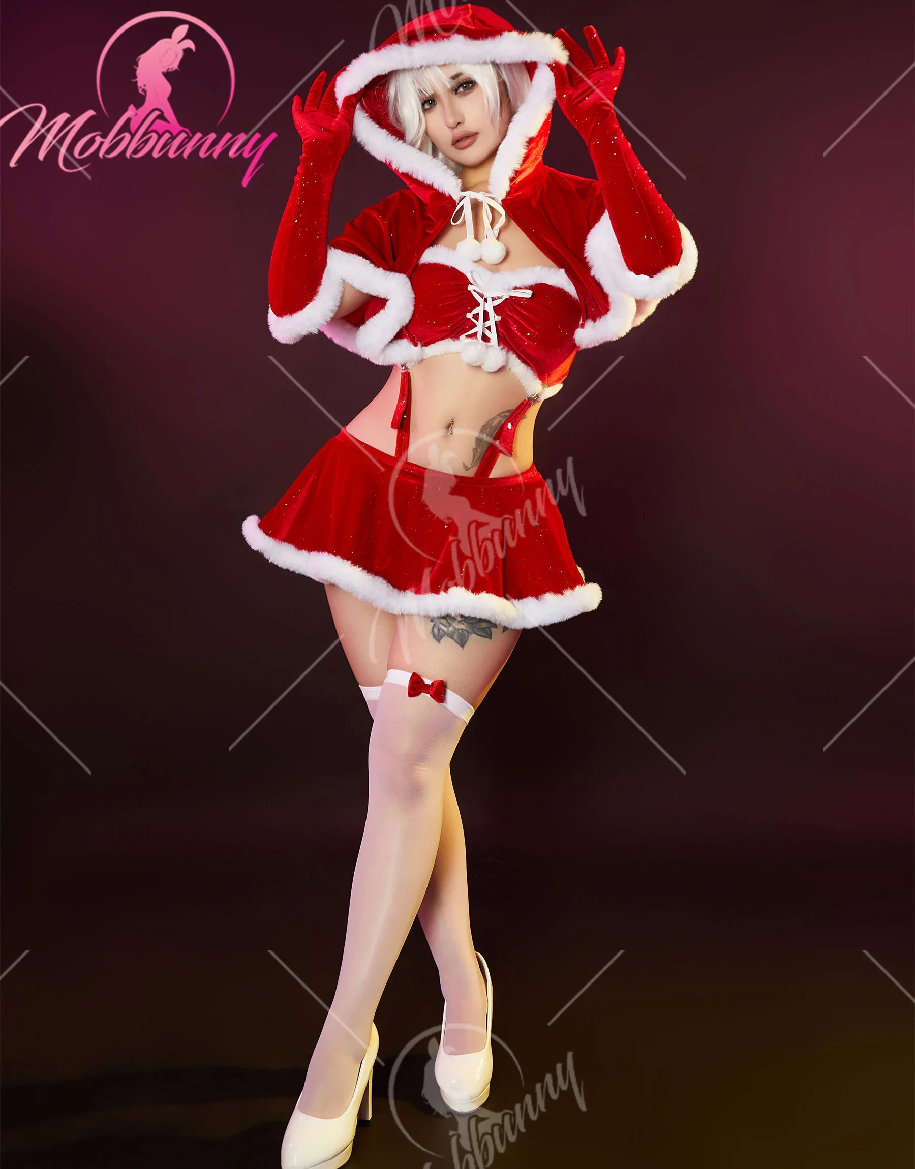 Mobbunny Women Christmas Party Mushroom Hat Sexy Lingerie Set Anniversary Red Top and Panty and Skirt Cloak Set with Stockings