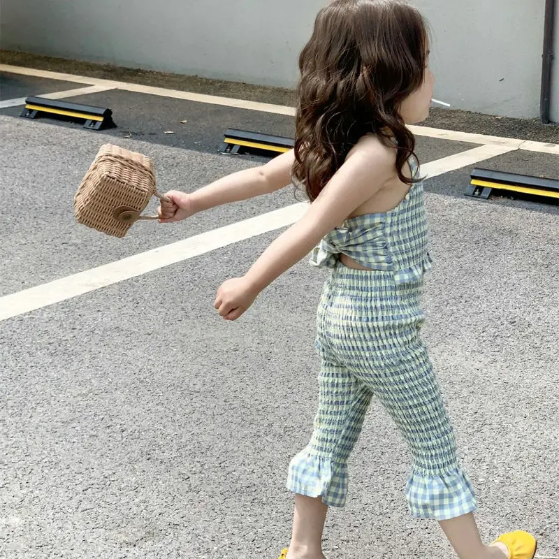 Girls Set 2026 Spring Summer Korean Version Checkered Backless Camisole Flared Pants Two-piece Set Casual Fashion Daily Stylish