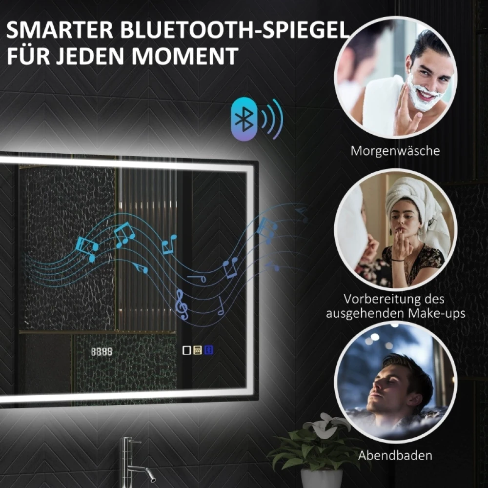 Fotografia 5: Espelho de Banheiro com Iluminação 80x60 cm, Espelho de Parede LED com Função Bluetooth para Música, Função de Memória, Relógio, 3 Cores de Luz, Espelho Antiembaçante com Interruptor Touch, Prata