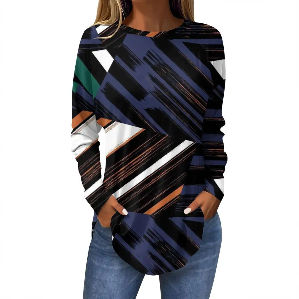 Camiseta feminina 3d geométrica irregular impressão moda manga comprida em torno do pescoço regular topos férias fim de semana primavera e outono