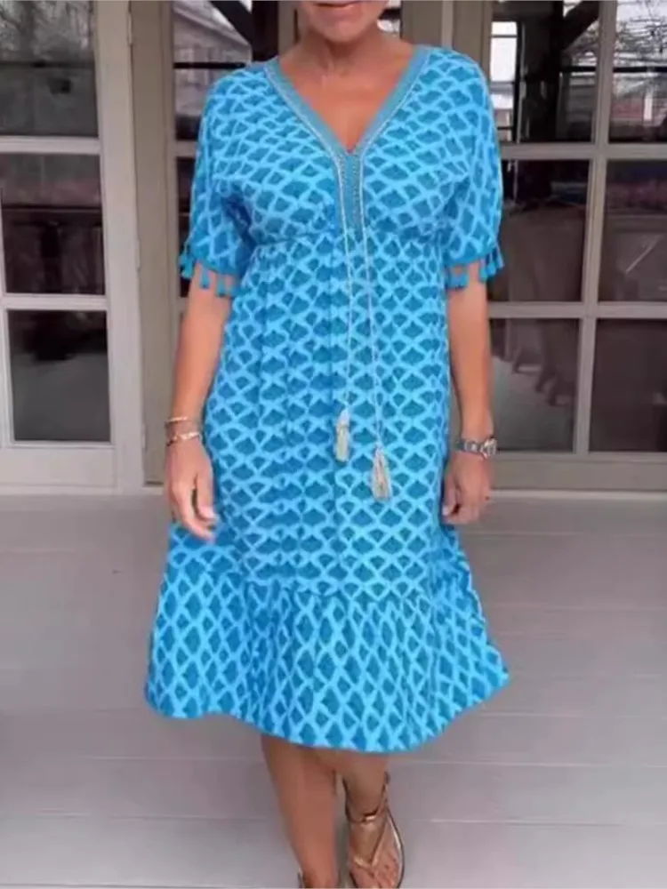 

Summer New Dress Fashionable Print Versatile Tassel Splicing Sexy V-neck Short Sleeved Mid Length Dress Women's Clothing