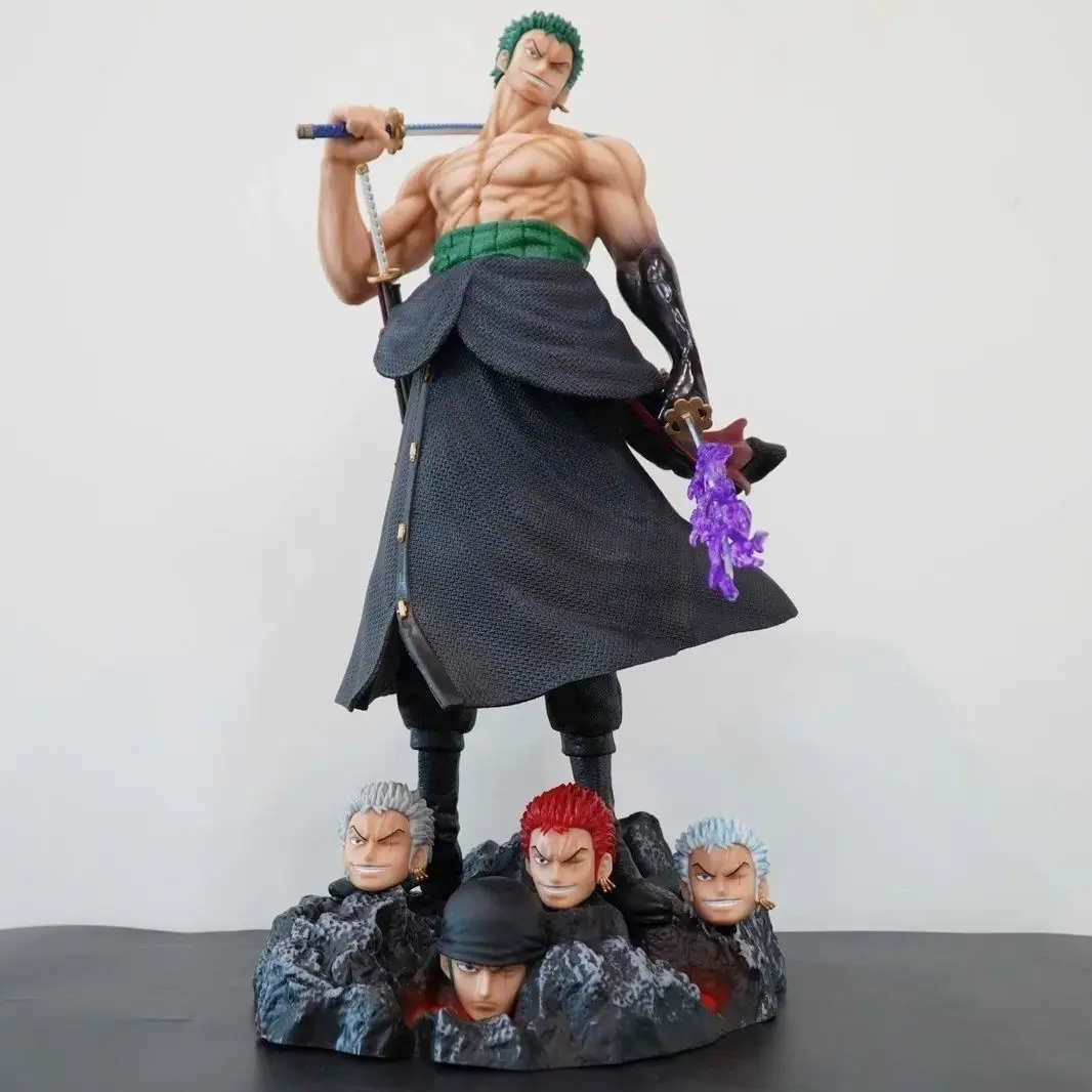 New 50cm One Piece Anime Carrying Knife Roronoa Zoro 5 Interchangeable Head Collectible Statue Model Figure Ornament Gift view 2