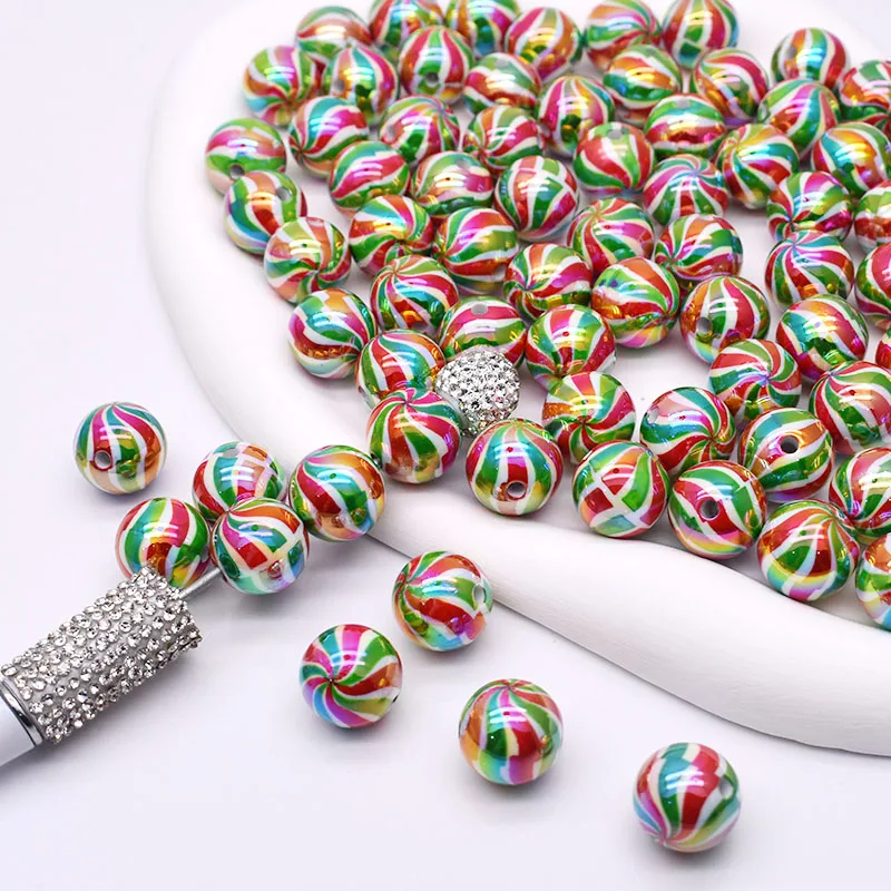 16mm Acrylic Beads Christmas Color Drawn Christmas Tree Santa Claus Round Loose Spacer Beads for Jewelry Making Diy Bracelets