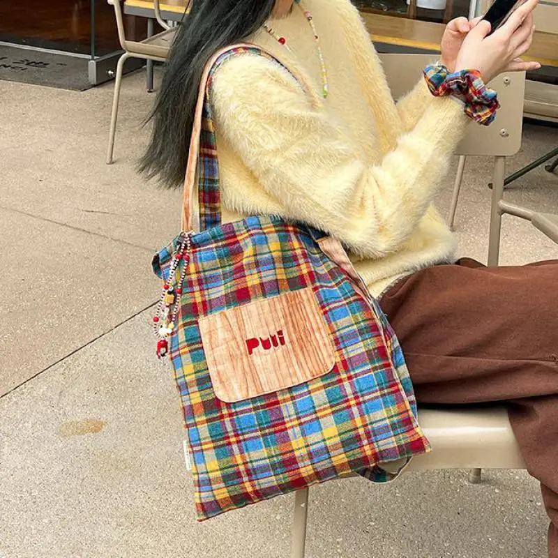 

Original Fashion Retro New Style Plaid Contrasting Canvas Women's Bag Vertical Square Large Capacity Single Shoulder Bag Trendy