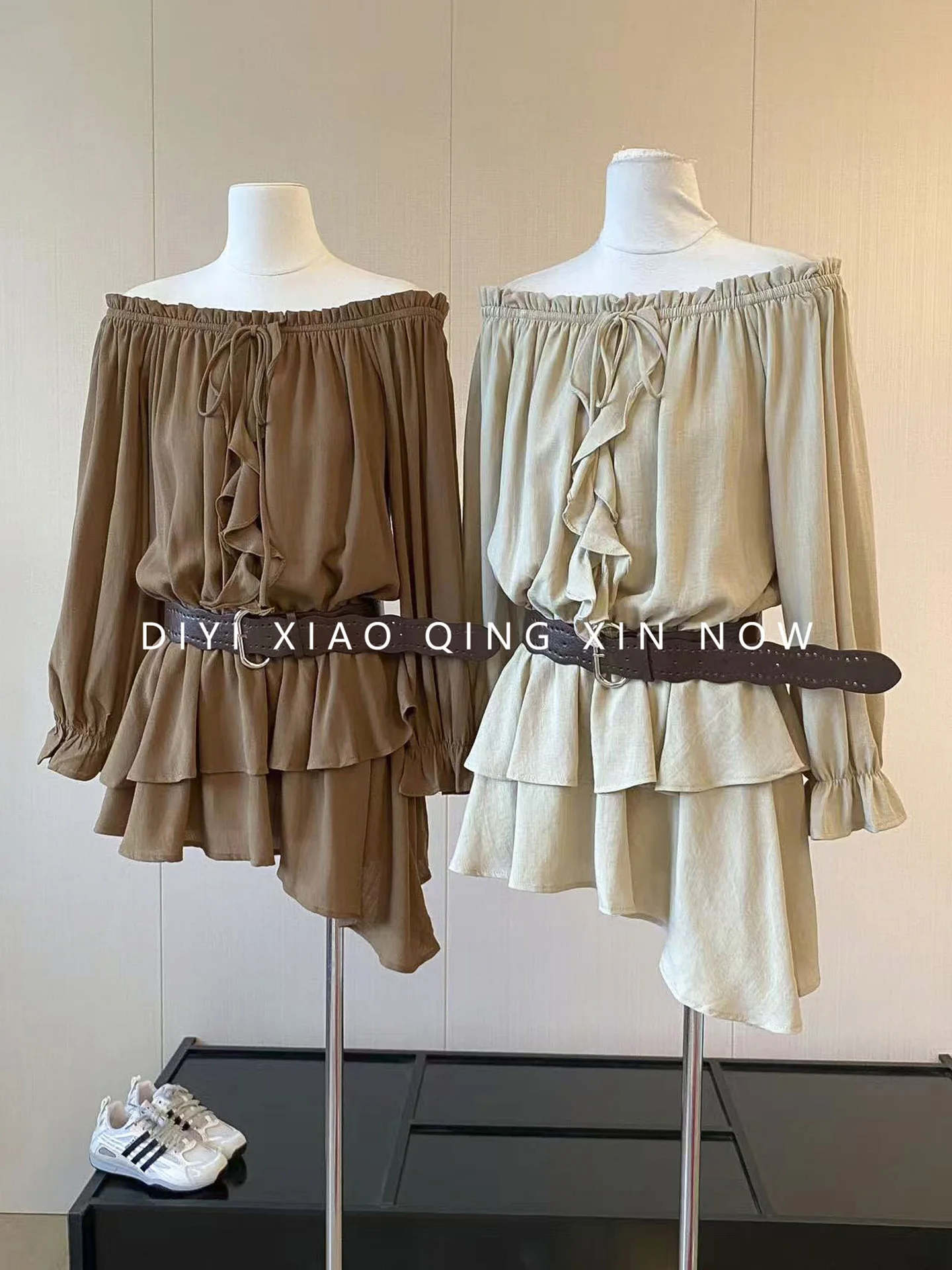 Korean Style One Shoulder Ruffle Skirt Long Sleeve Women's Dress Early Autumn Baking Waist in Belt Irregular Short Skirt