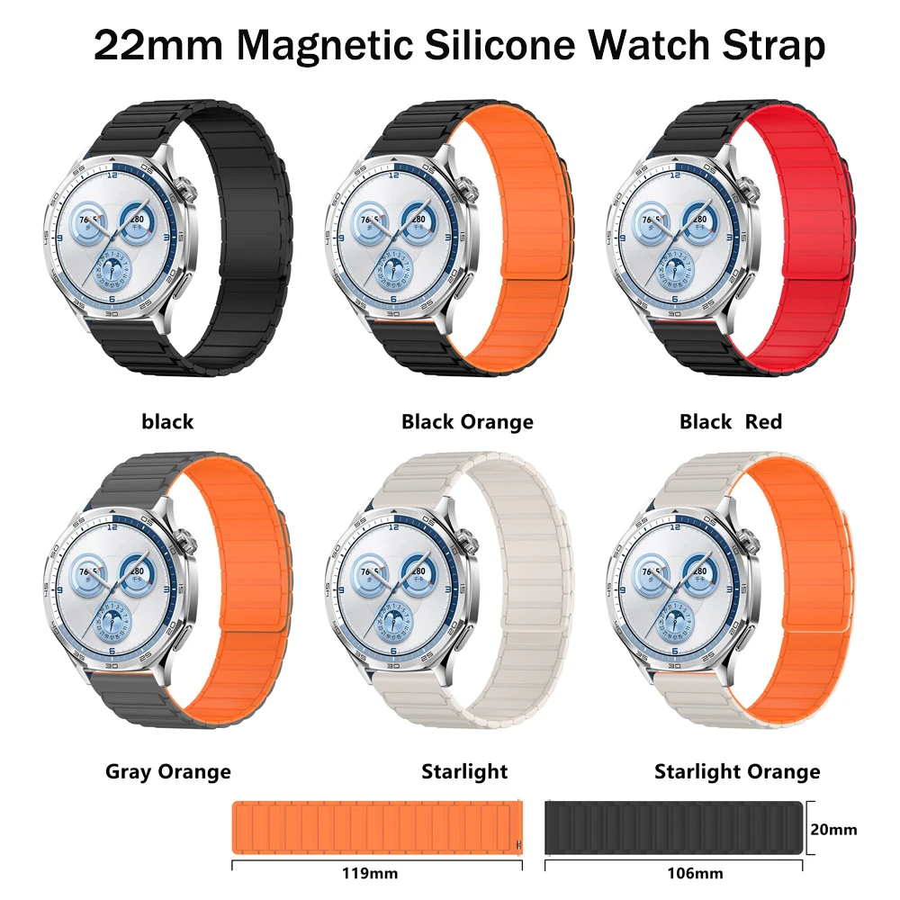 Huawei Watch 5 Pro、GT5/4/3/2 Pro、46mm Buds Ultimate対応 22mm マグネット式交換バンド シリコンループ ブレスレット