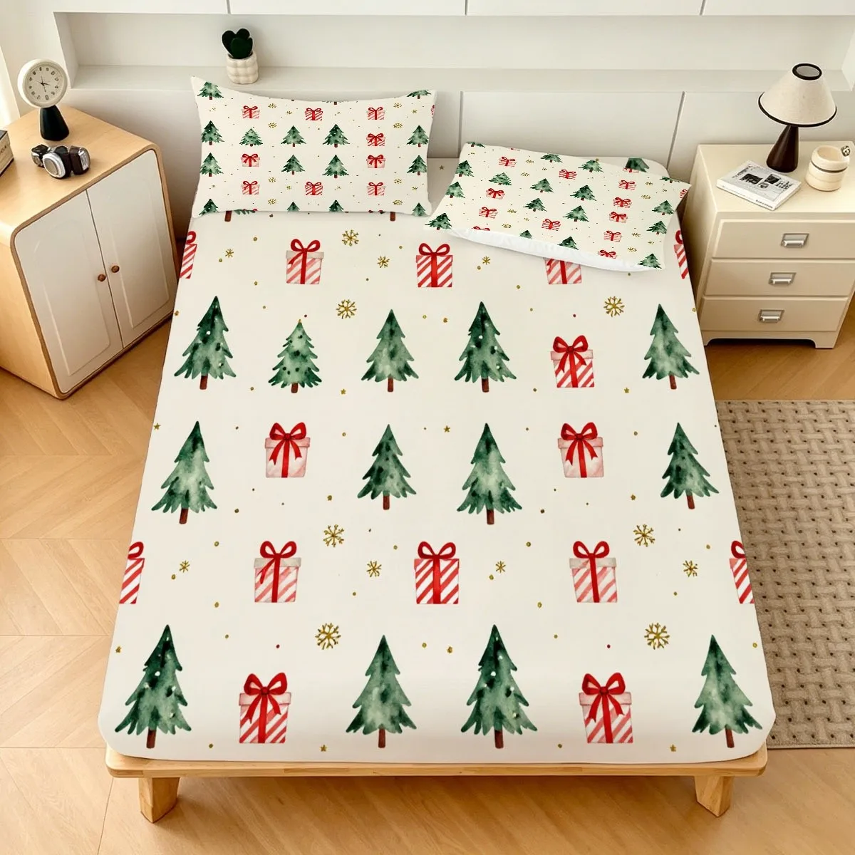 Christmas-Themed Holiday 2D Digital Print Three-Piece Bedding Set, Suitable as a Gift, Three-Piece Bedding Set (Including 1 Fitted Sheet + 2 Pillowcases), Large Capacity Deep Bedding Set, Fitted Sheet Style, Elastic Cover, Mattress Protector, Fitted Sheet Type, Machine Washable Design, Holiday Decoration, Various Sizes, Breathable Protector with Pillowcase