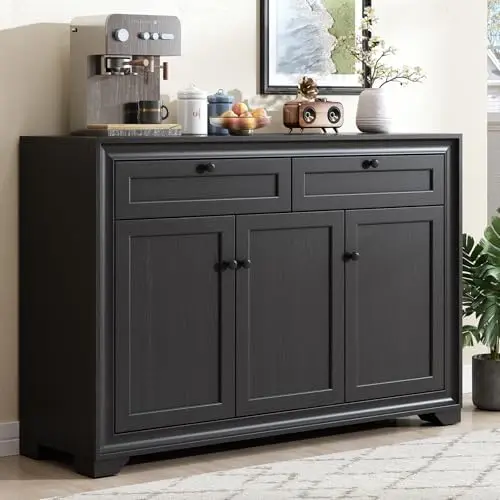 48 Inches Sideboard Buffet Cabinet with Storage, Farmhouse Sideboard with 2 Drawers and 3 Doors, Wood Coffee Bar