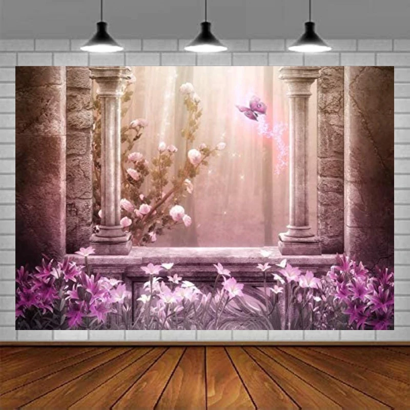 Fondo de fotografía de Castillo de cuento de hadas, flora de primavera, flor, jardín secreto, mariposa, fondo de edificio del viejo Reino, cumpleaños para niños