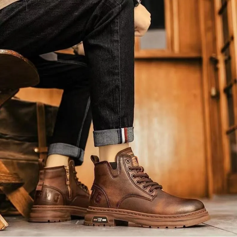 Men's shoes 2025 autumn and winter high top breathable casual shoes trendy leather shoes British style workwear boots for men