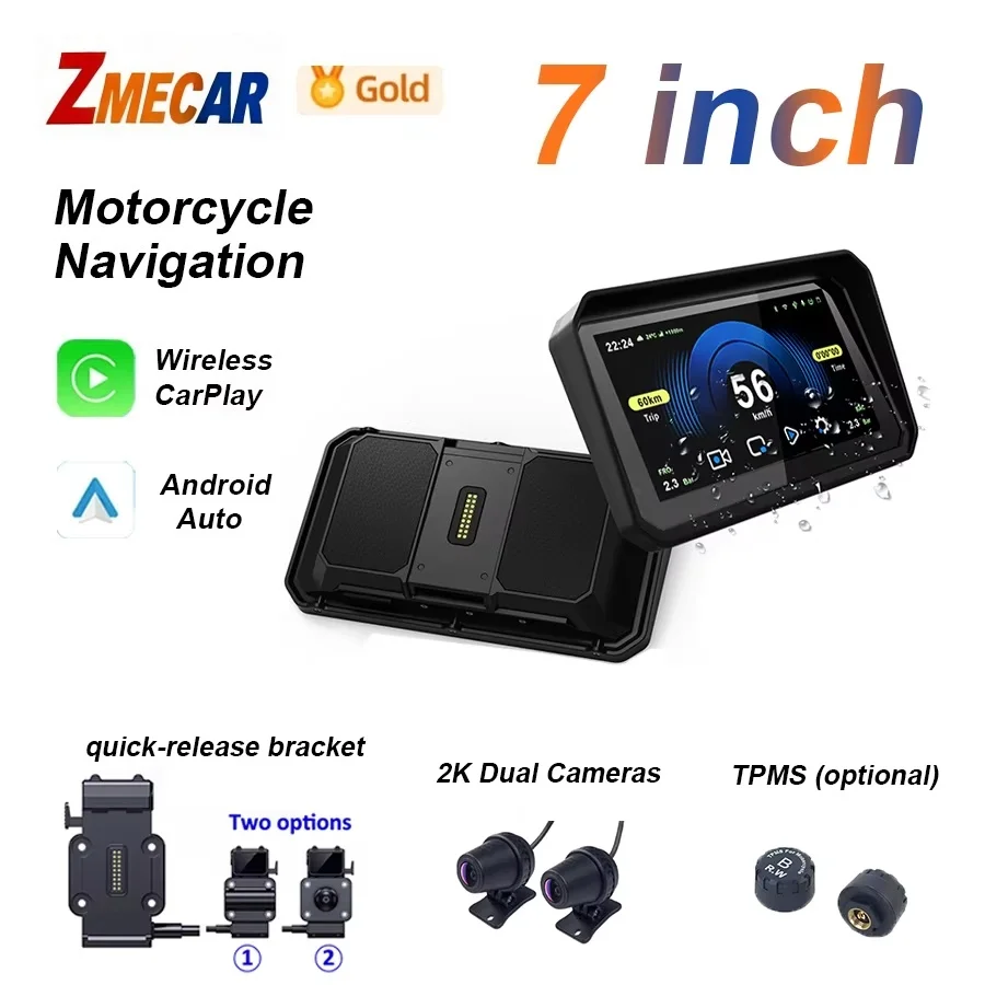 7'' IP68 Waterproof Motorcycle GPS Navigation | Wireless CarPlay Android Auto Quick Release Design Supports OEM ODM