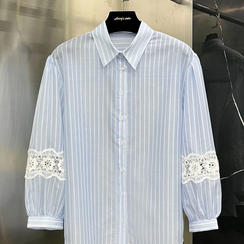 

Ele Lightweight Spring Autumn Plaid Lace Hollow Bubble Sve irt Women's Top Faionable Casual Pure Cotton Blend