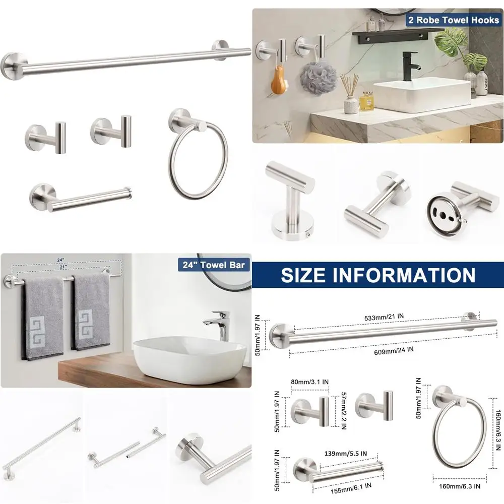 مجموعة أدوات الحمام المصنوعة من الفولاذ المقاوم للصدأ مع رف المناشف وحلقة وحامل ورق التواليت