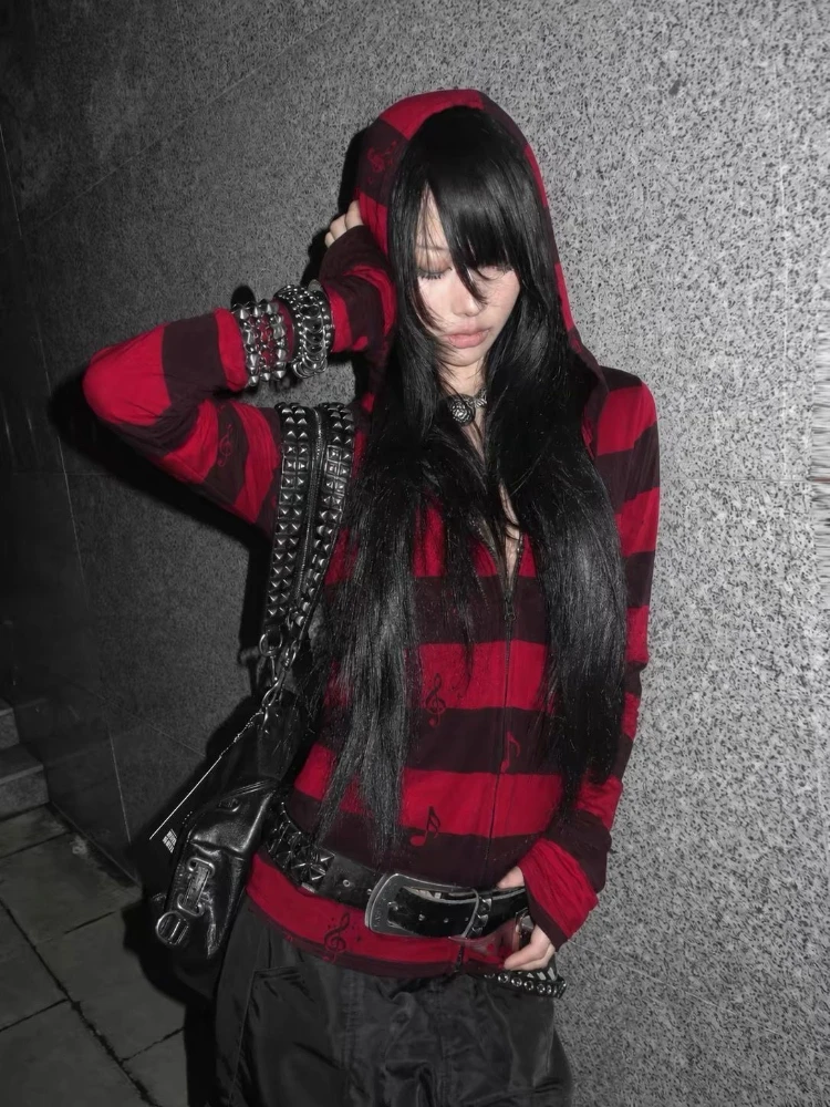 Y2K Gothic Women Hooded Zip Jacket Red‑Black Stripe Musical Note Print Long Sleeve Casual Street Daily Top