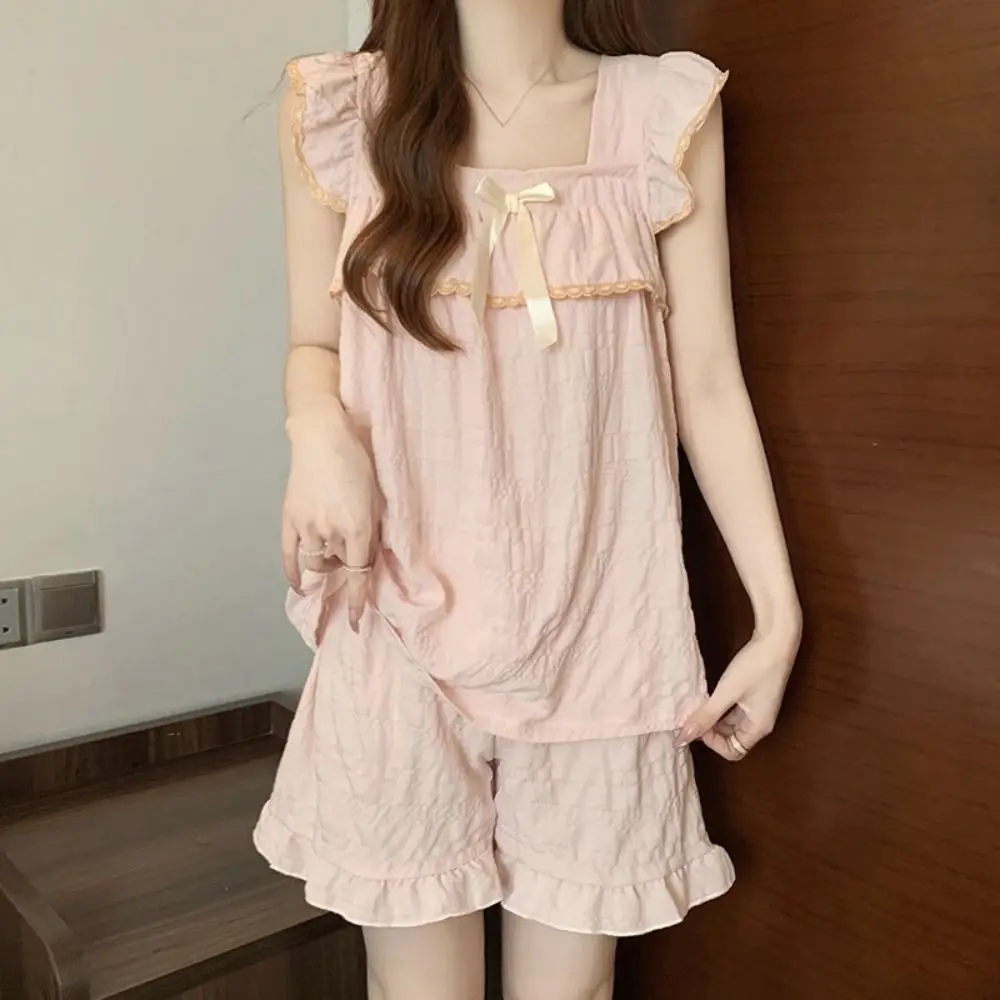 

Casual Bowknot Sweet Pajamas Set Ruffle Summer Camisole Shorts Nightdress Loose with Bra Pad Sleeveless Nightwear Women