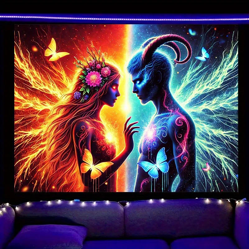 Halloween Twin Spirit Cosmic Tapestry Neon Butterfly Nebula Symmetrical Energy Field Gaming Room Decoration
