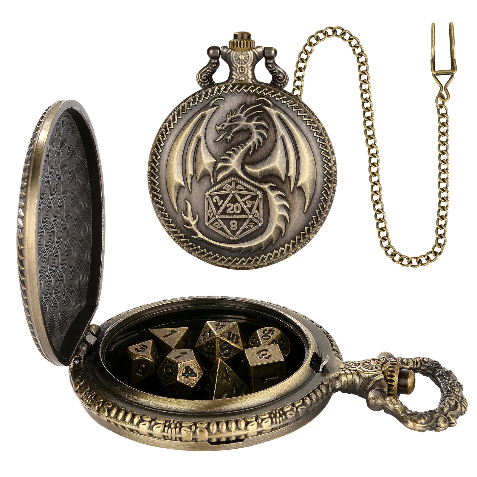 YISUYA Dragon Pocket Watch Case Dice Set , 7 Pcs Polyhedral Metal DND Dice, D&D Gifts, Roleplaying Board Game Accessories