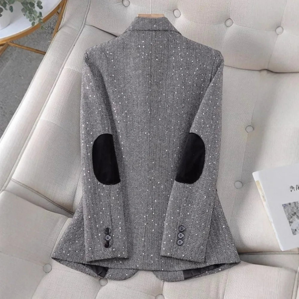 Women Sequin Houndstooth Blazer Korean Style Short Lapel Button Down Slim Fit Soft Breathable Flattering Daily Office Comfy New
