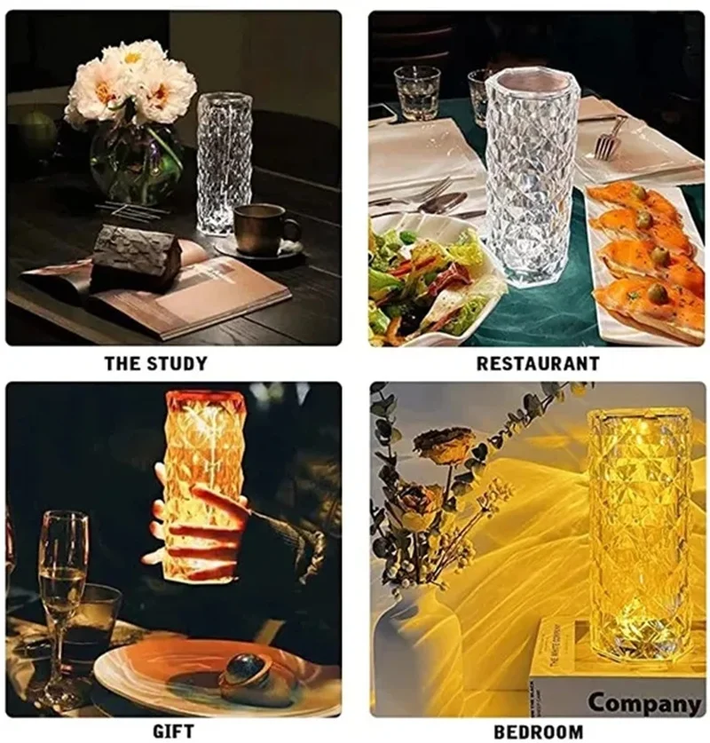 3/16 Colors LED Crystal Table Lamp Rose Light Projector Touch Romantic Diamond Atmosphere Light USB LED Night Light for Bedroom