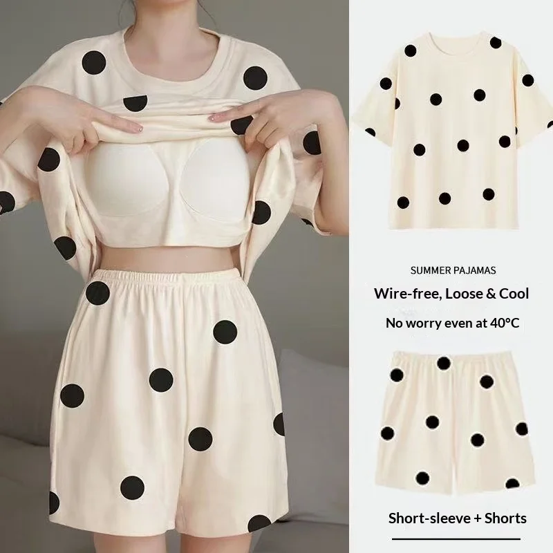 Summer Women's Short Sleeved Pajamas with Chest Cushion Home Suit Set, Polka Dot Round Neck Shorts Pajamas Home Suit Set