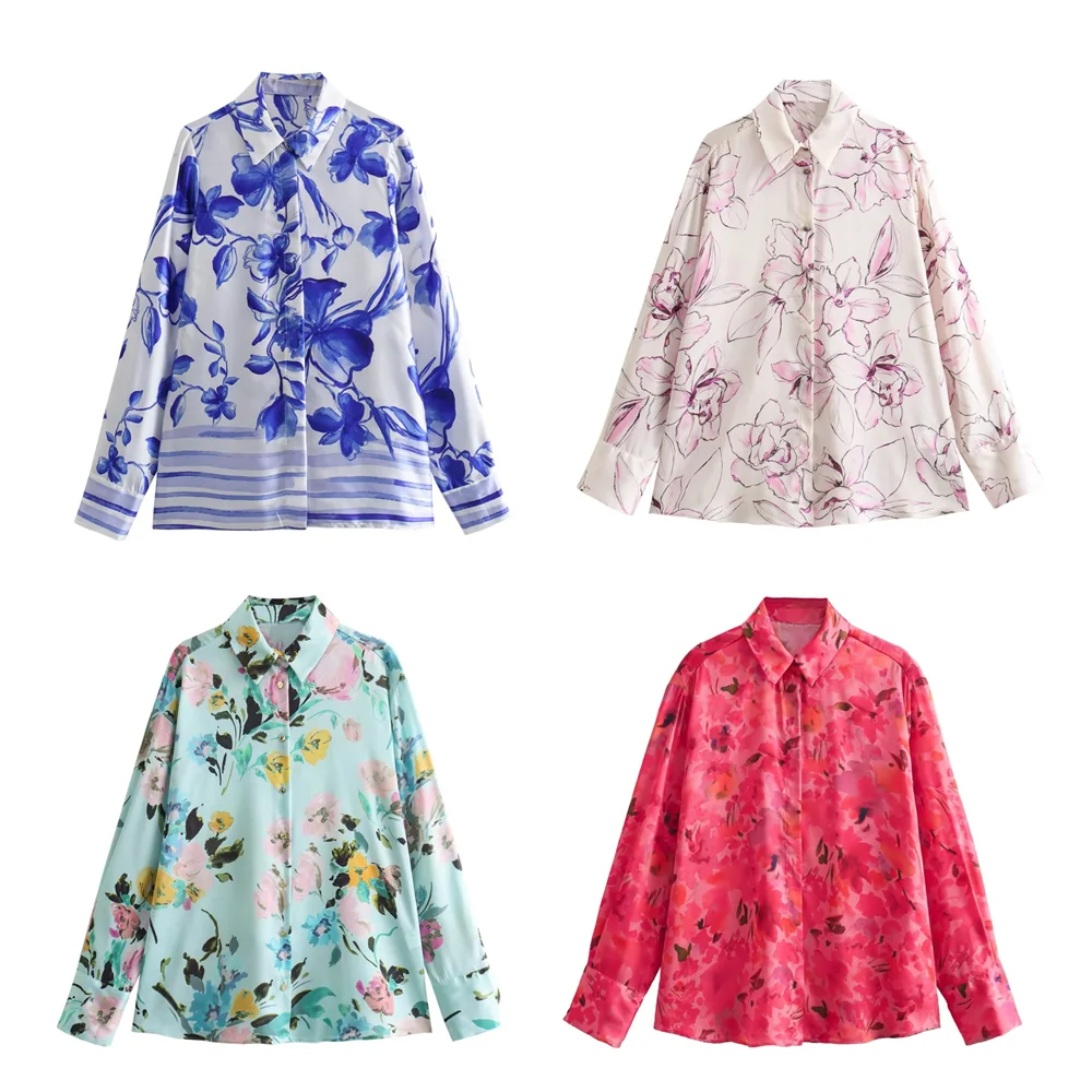 Taop&Za 2024 Spring Elegance Versatile Women's Flower Print Flip Collar Slim Fit Long sleeved Shirt