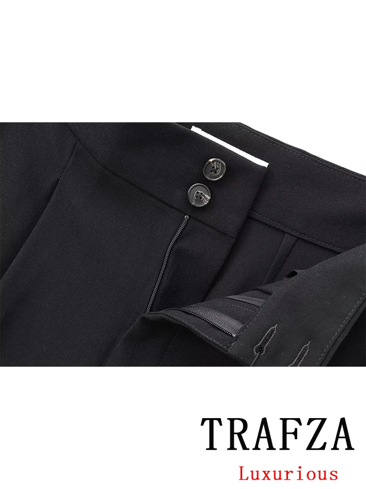 TRAFZA Vintage Casual Chic Black Women Suit Sleeveless Asymmetrical Top Loose Straight Wide Leg Pants Fashion 2024 Autumn Suits