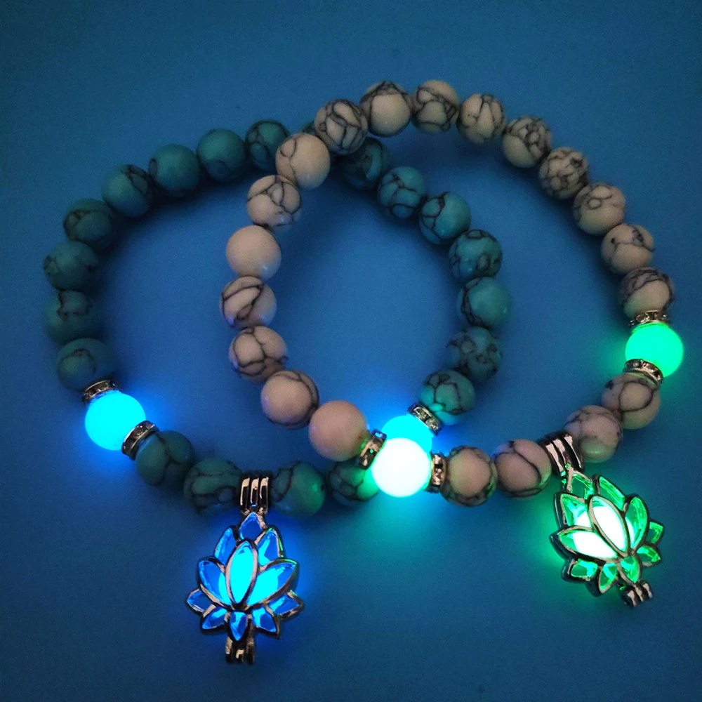 Luminous Glowing In The Dark Moon Lotus Flower Shaped Charm Bracelet For Women Yoga Prayer Buddhism Jewelry with Natural Stones