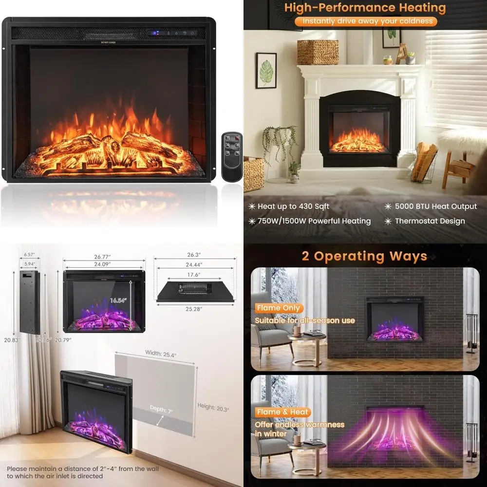 

26 Electric Fireplace Insert, 750W/1500W, Wall Recessed & Freestanding, Remote Control, Dual Flame Colors