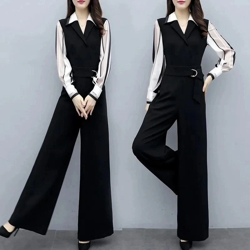 

2024Spring Summer New Women Jumpsuit Korean Fashion Casual Romper Playsuit Black Ladies Slim Long Sleeve Waist Legs Pants Outfit