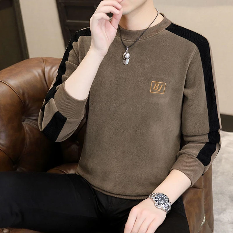 New 2023 Autumn Casual Double Sided Plush Warm Sweatshirts Men's Long Sleeve Fleece Punk Bottom Clothes Youth Thick Top Pullover