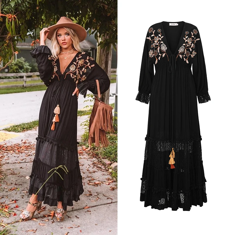 

Luxury Embroidery Floral Maxi Dress V Collar Petal Sleeve Cotton High Waist Holiday Dress Embroidery Tassel Vintage Dress