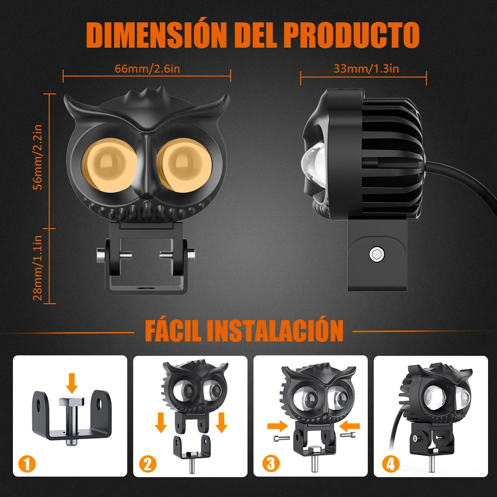 미니 듀얼 컬러 렌즈 오토바이 헤드라이트 램프, 올빼미 보조 안개등, LED 스포트라이트 프로젝터, 자전거 슈퍼 브라이트, 30W, 1 개