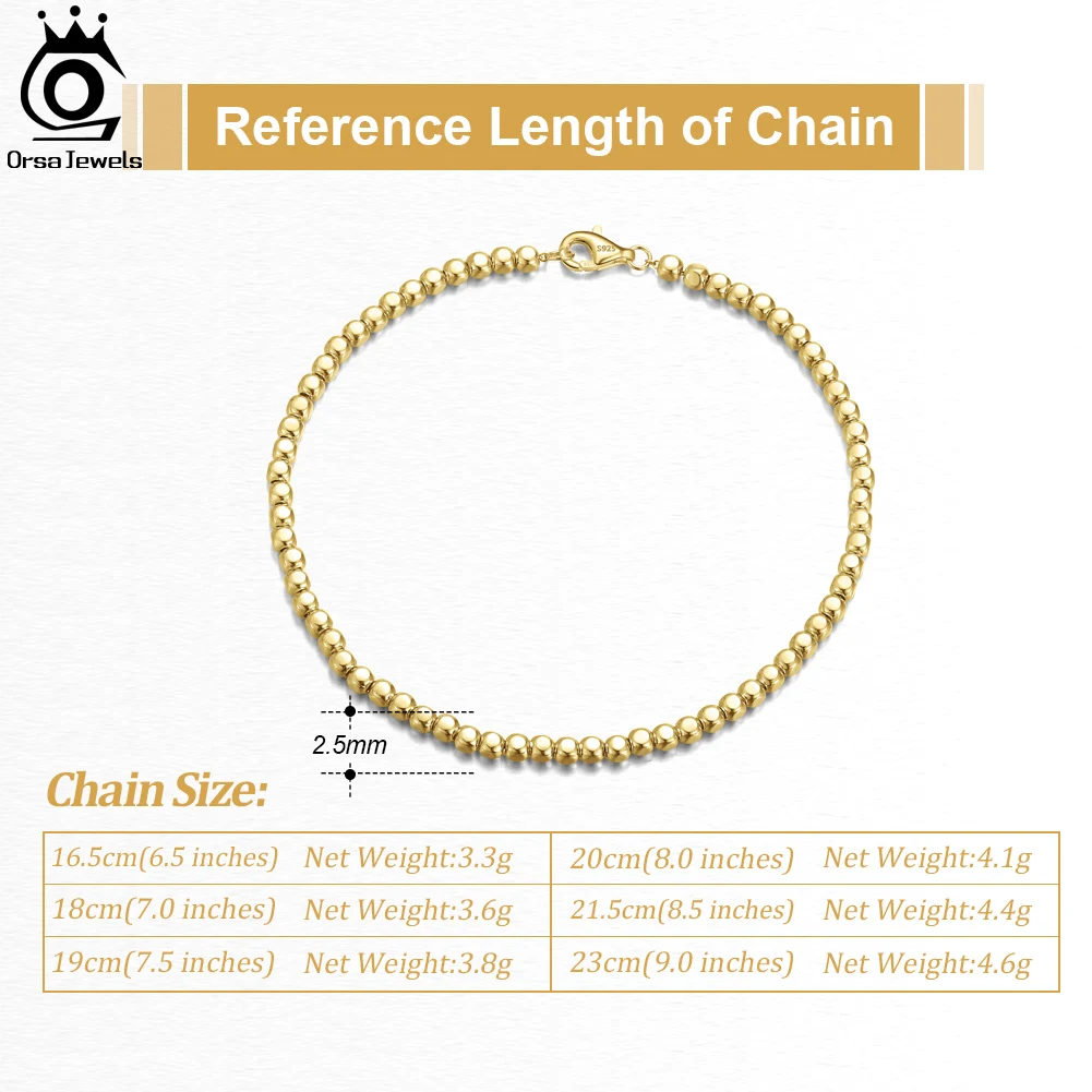 ORSA JEWELS 100% 925 Sterling Silver Italian 2.5mm Organic Cube Bead Chain Bracelet for Women Men Fashion Handmade Jewelry SB124
