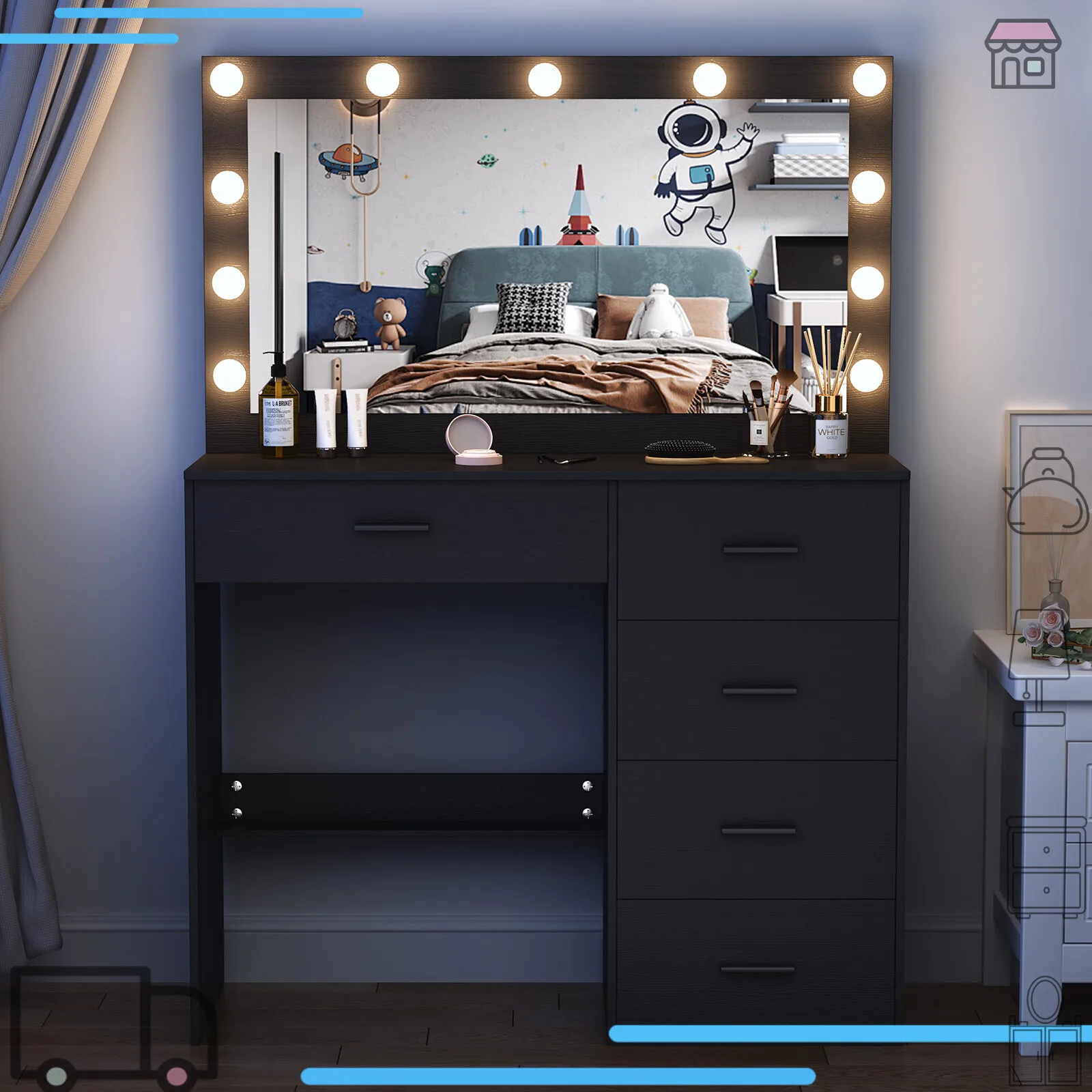 طاولة زينة سوداء مع أضواء LED ومرآة وطاولة مكياج وطاولة مكياج و5 أدراج #6