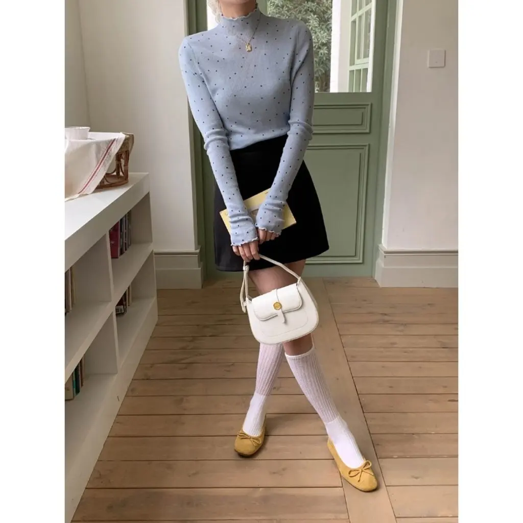 

Korean Style Morning 3rd Th Fungus Edge Half Turtleneck Polka Dot Knitwear Bottoming Top for Women