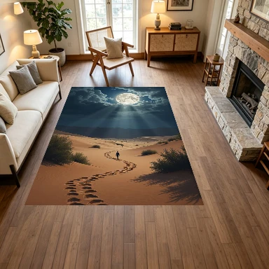 Full Moon Desert Night Walking Figure Footprint Trail Carpet Flooring, Scenic Wilderness Non-Slip Floor Rug for Living Room Bedroom Home Decoration