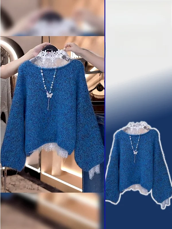 

Мягкий вязаный кружевной свитер для женщин больших размеров, модный корейский стиль, весенне-осенний комплект из двух предметов, удобный свободный крой, повседневный...