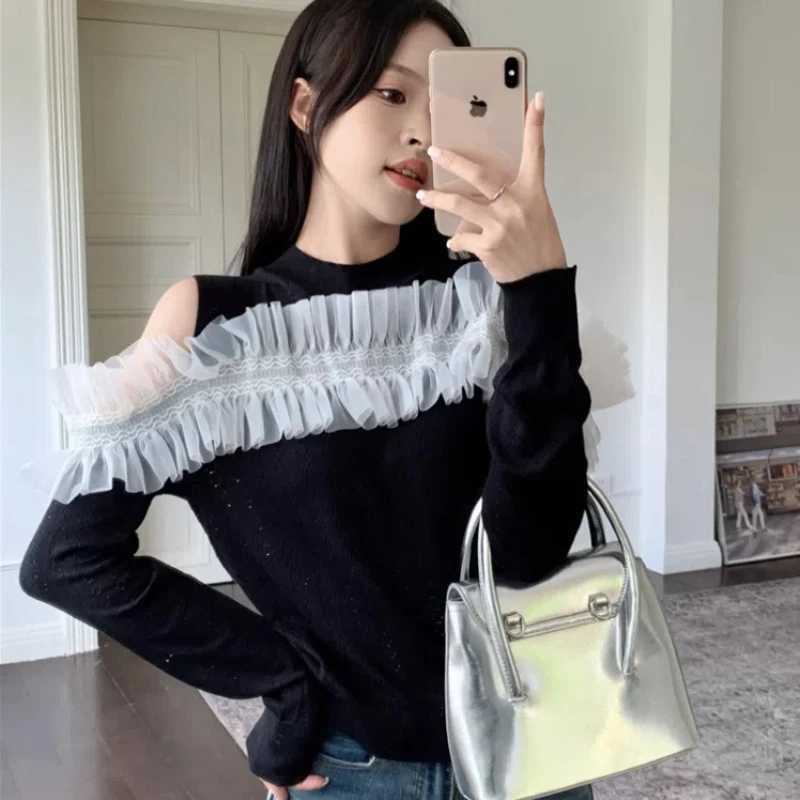 Autumn French Out Knitted Sweater for Women's Hearts Off Shoulder Long Sleeved with a Design Sense of Ruffle Edge Splicing Top