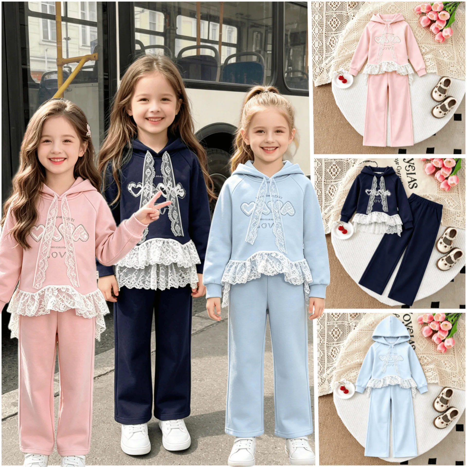 Autumn and Winter Girls Long Sleeve Set Lace Love Letter Hot Diamond Hooded Top Pants Two Piece Set 2026 New